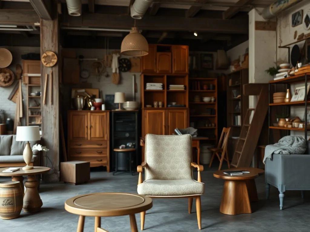 Buffet en bois et métal de style industriel dans un salon lumineux, avec un canapé en velours et une plante verte.