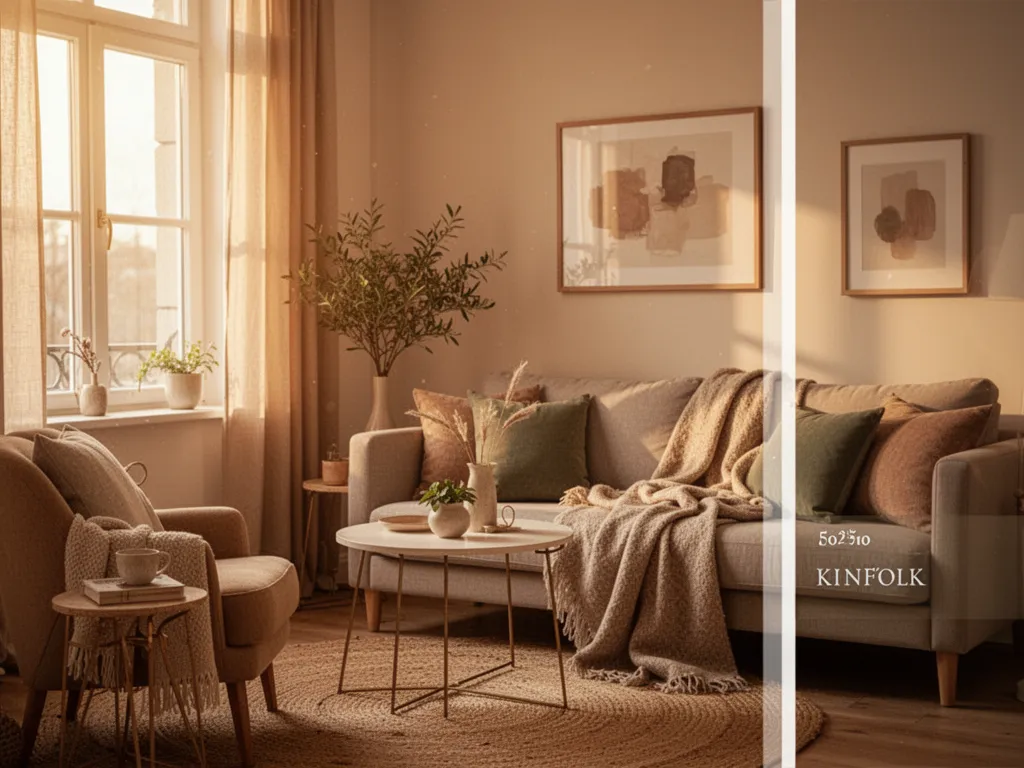 Salon lumineux d'un petit appartement avec rangements muraux en bois clair et canapé compact gris