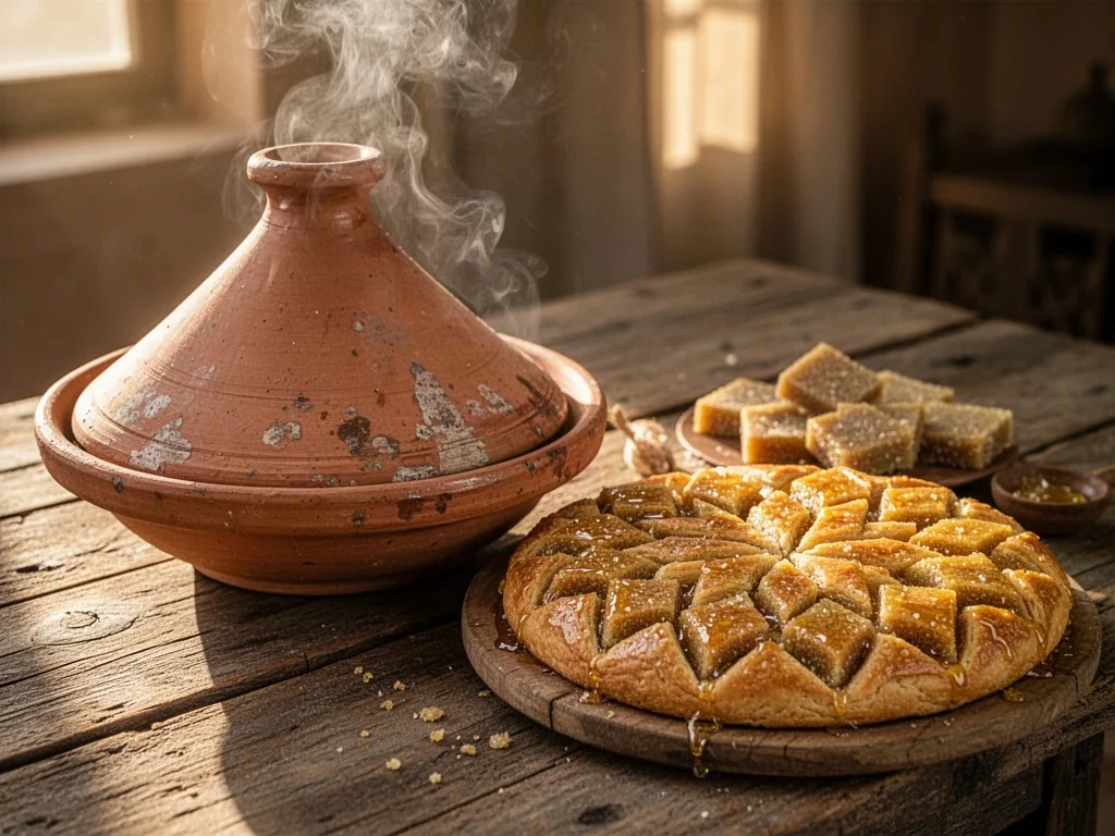 A weathered clay tagine with steam rising, beside a round golden galette kabyle and honey-drenched makrout diamonds on a