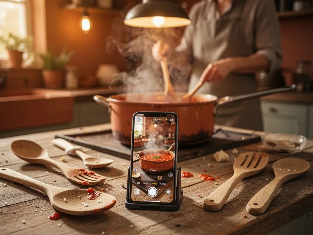 A smartphone on a kitchen counter recording a simmering pot of sauce, cooking utensils scattered, warm overhead lights, 