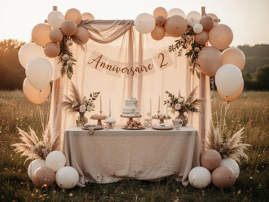 Table basse basse avec une nappe simple, quelques assiettes en carton kraft, un petit gâteau à étage décoré sobrement et des jouets en bois autour