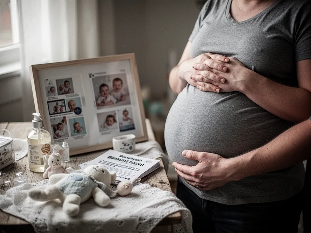 Boîte cadeau ouverte avec une photo d’échographie, une petite carte et des chaussons de bébé posés sur une table