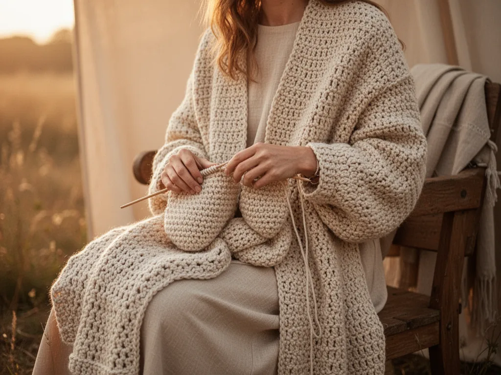 Main adulte tenant un crochet en métal et une pelote de laine crème posée sur une table en bois