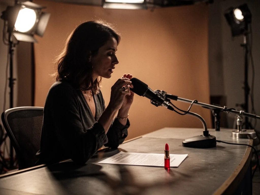 A woman's silhouette seated at a news desk, hand adjusting a microphone, warm studio light, a single red lipstick tube b