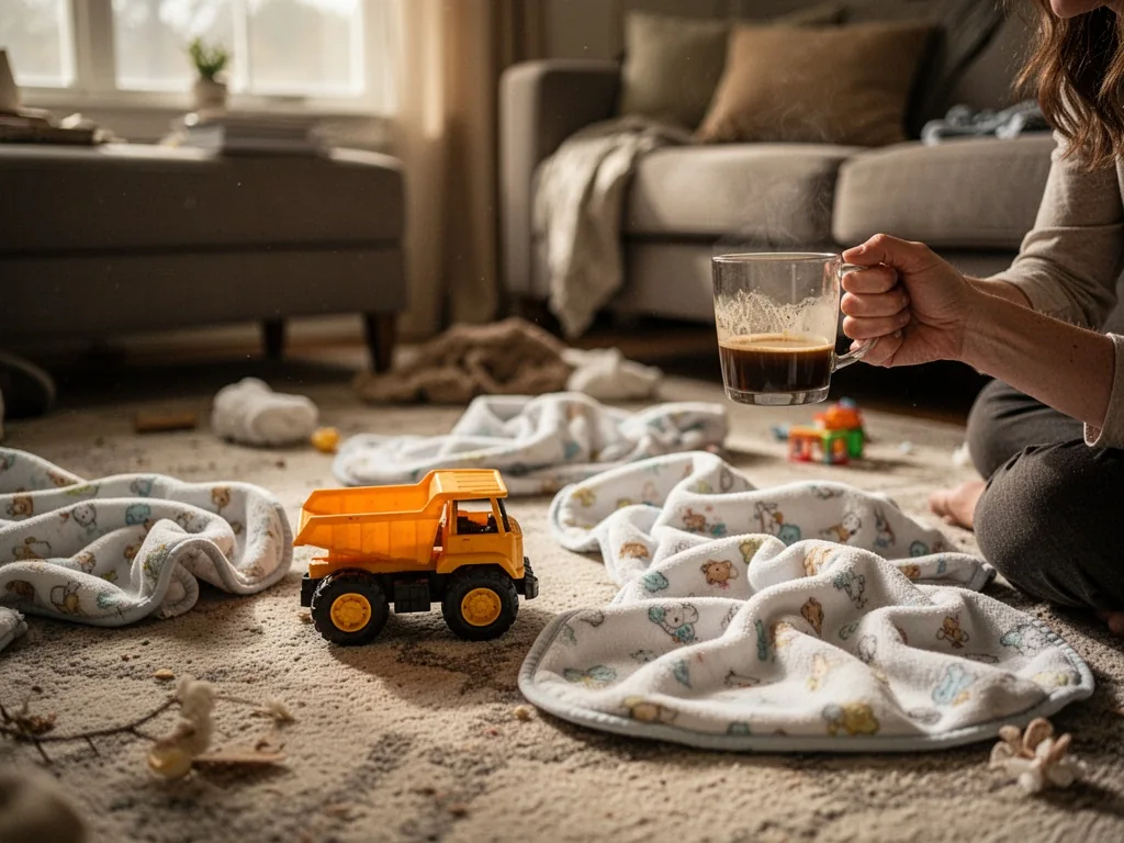 A cluttered living room floor with a toy truck and scattered baby blanket, a mother's hand holding a half-empty coffee m