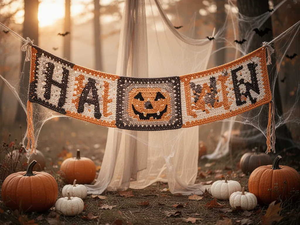 Gros plan sur une bannière d'Halloween en crochet aux motifs citrouille et chauve-souris, suspendue sur une porte en bois