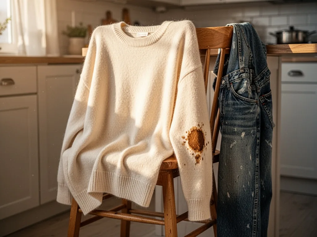 A cream-colored oversized sweater with a visible coffee stain on the sleeve, hanging loosely over a wooden kitchen chair