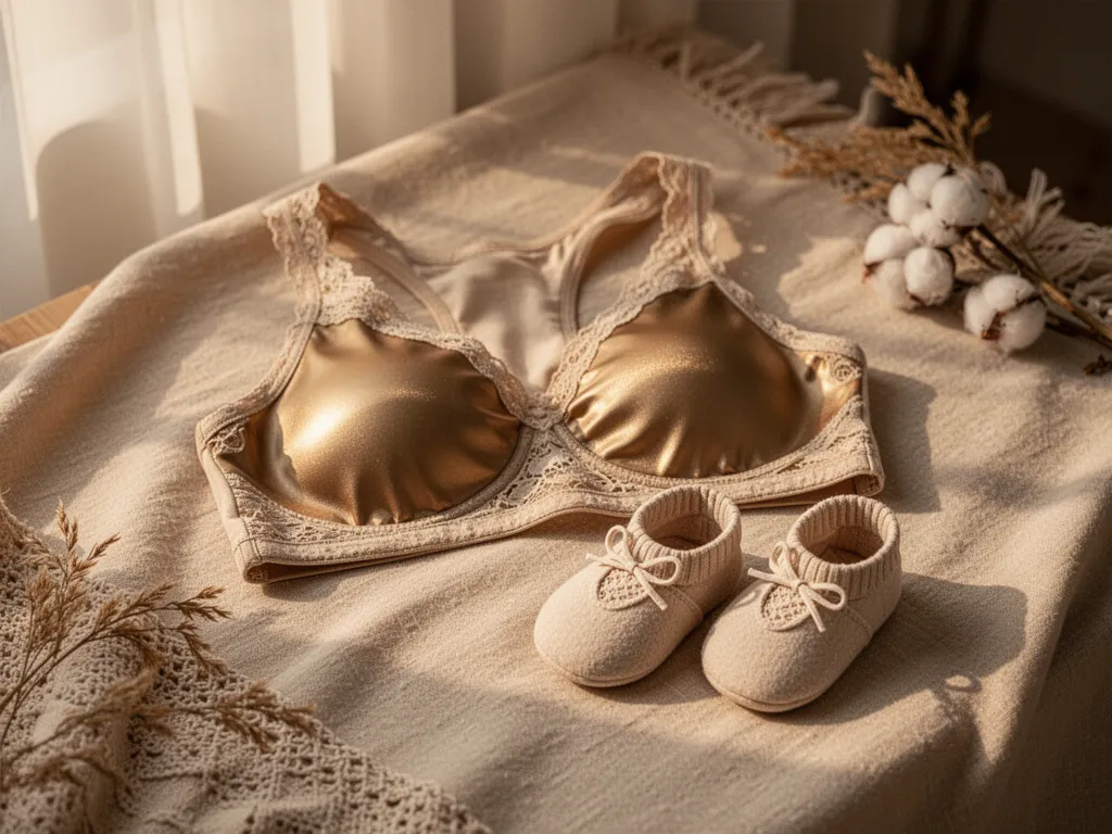 Une brassière en coton écru posée à côté de petits chaussons tricotés couleur moutarde sur une couverture.
