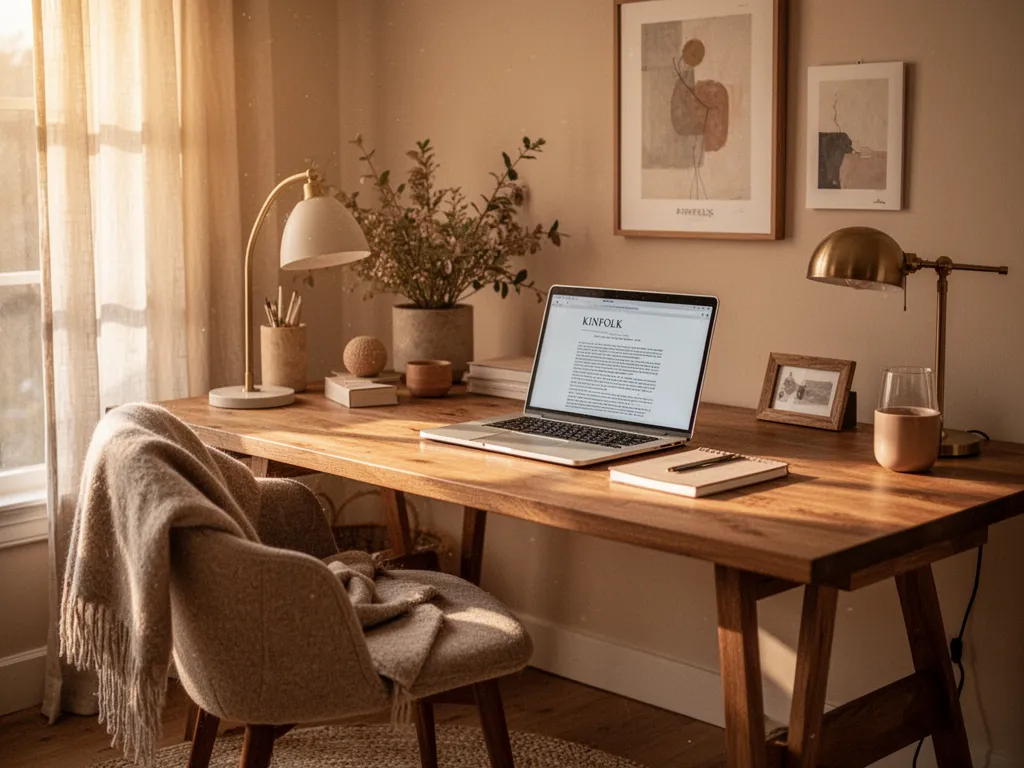Coin bureau simple dans un salon lumineux : un bureau en bois clair, une chaise ergonomique, une lampe de table et une petite plante sur le rebord de la fenêtre