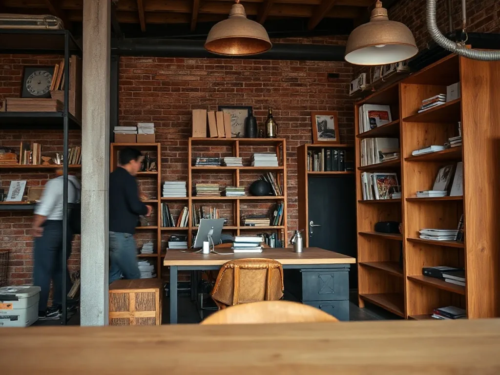 Bureau style industriel en métal et bois avec plateau épais et pieds en acier noir, posé dans un intérieur lumineux aux murs en briques apparentes