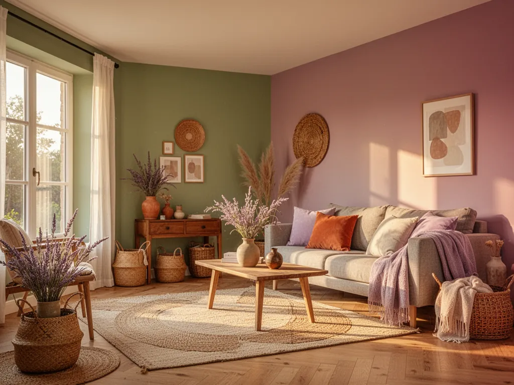 Un salon lumineux aux murs peints en beige chaud, canapé en lin, coussins en terre cuite et plantes d'intérieur