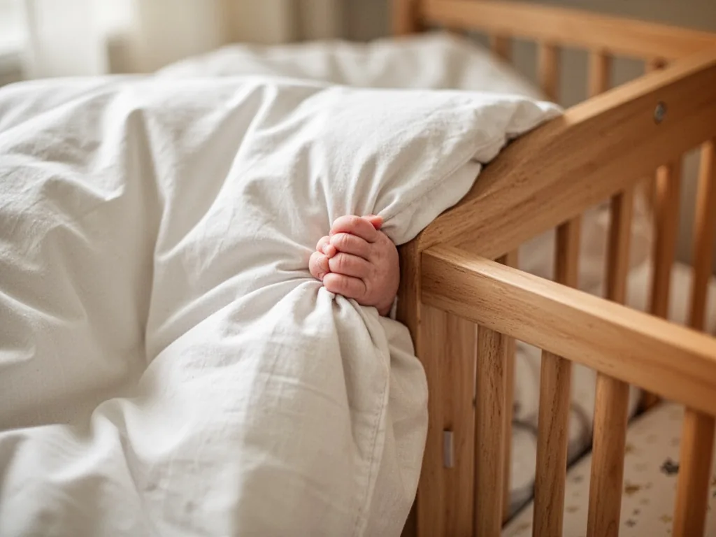 A tiny baby hand gripping the edge of a thick white duvet, fabric rumpled beside a wooden cot rail, pale morning light