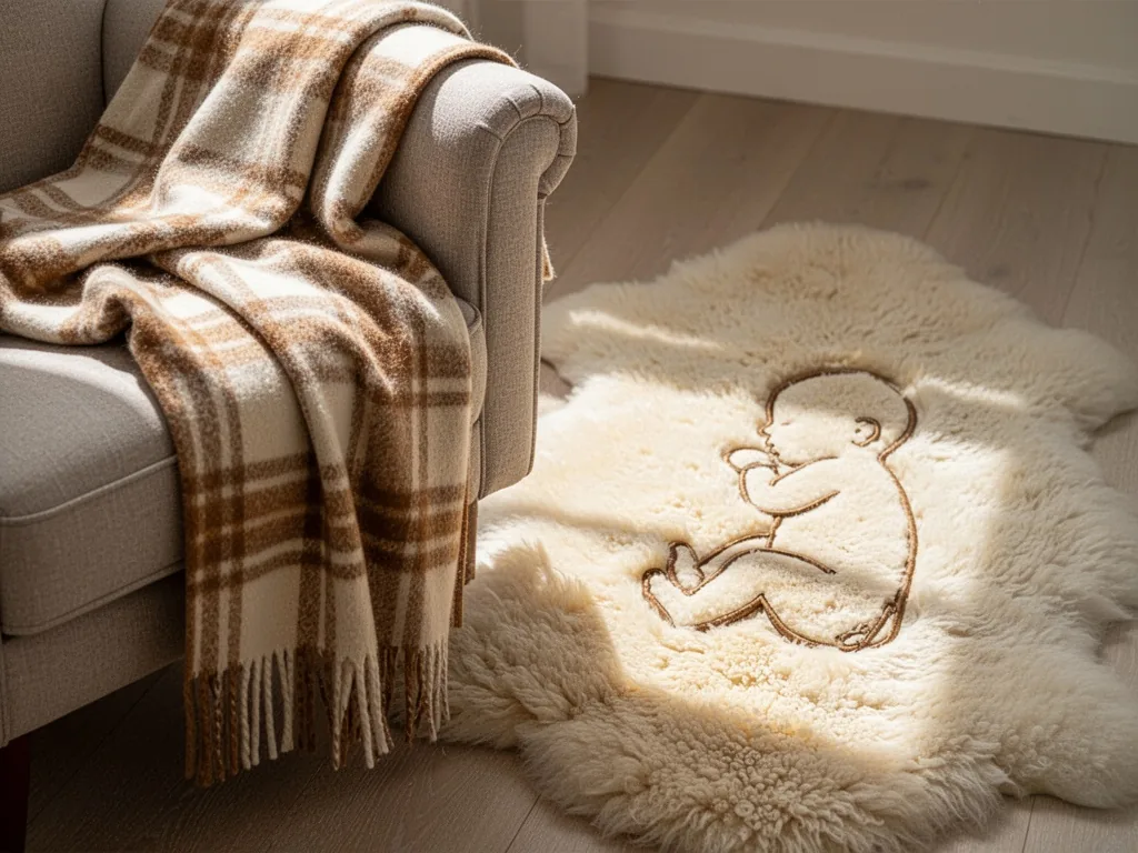 A folded plaid blanket draped over an armchair arm, next to a curled baby silhouette on a sheepskin rug, soft shadow