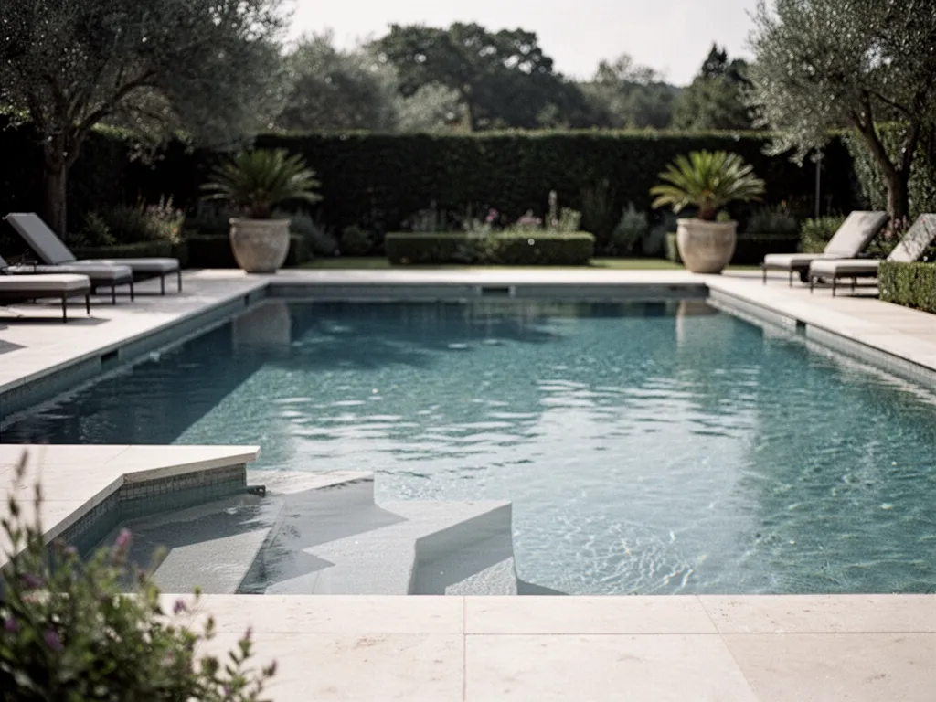Piscine extérieure rectangulaire bordée d’une terrasse en bois clair, avec transats blancs, plantes en pot et éclairage doux au crépuscule