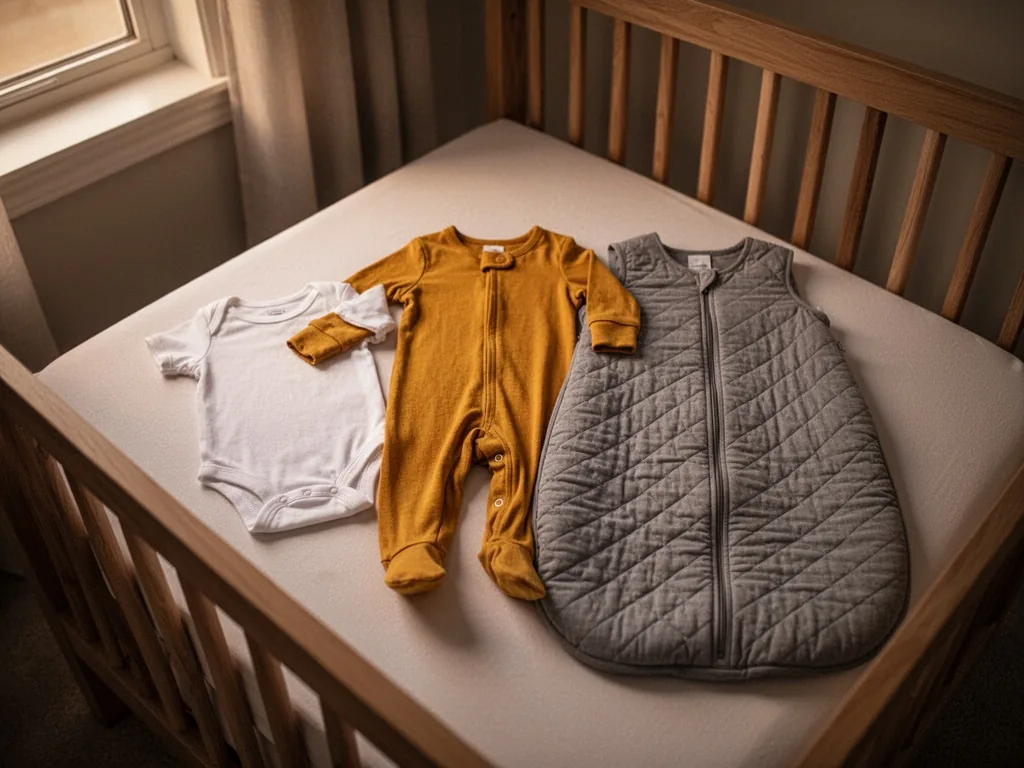 A newborn-sized white bodysuit, a mustard yellow footed pajama, and a gray quilted sleep sack laid flat on a wooden crib