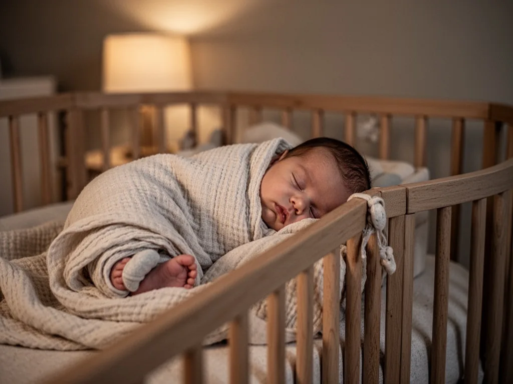 A sleeping infant curled in a lightweight muslin blanket, tiny footed pajama feet resting against the wooden crib rail,