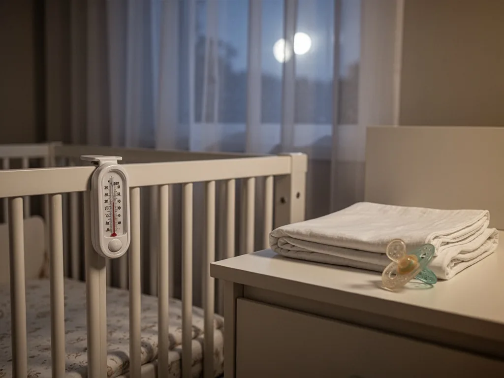 A white room thermometer clipped to the crib rail, a neatly folded extra crib sheet and a silicone pacifier on the dress