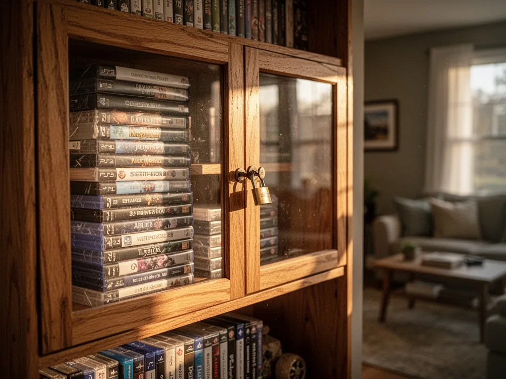 A wooden shelf with stacked video game cases, one glass cabinet door locked with a small padlock, warm afternoon light c
