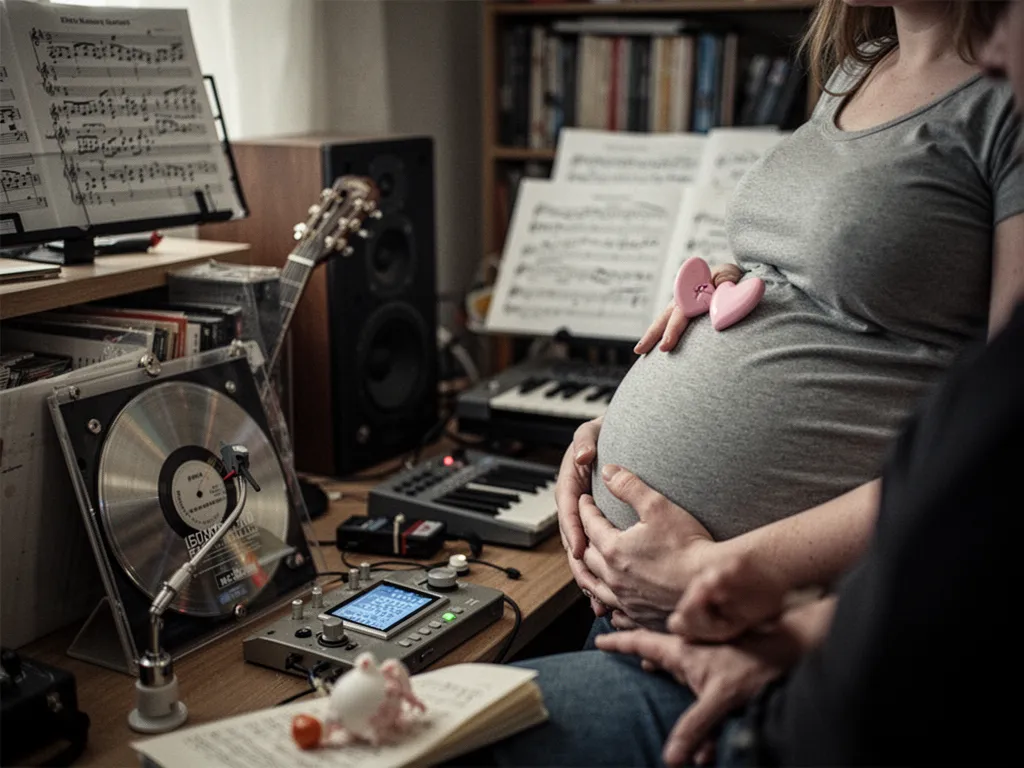 Petits chaussons de bébé posés sur un vinyle avec un tourne-disque en arrière-plan