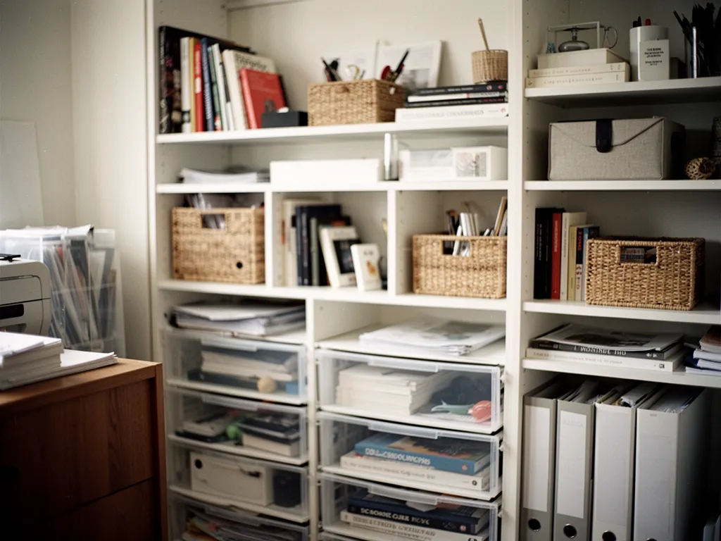 Salon lumineux avec paniers de rangement, étagères sobres et objets du quotidien bien triés