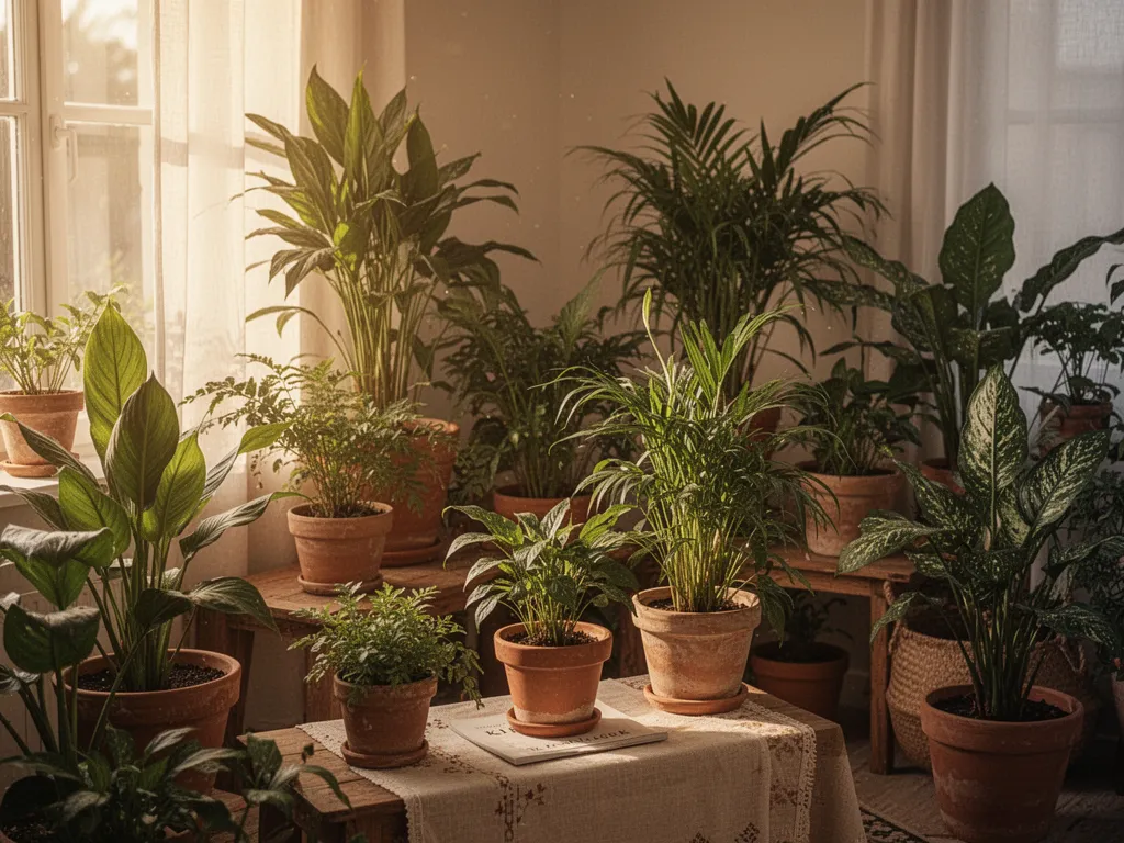 Salon lumineux avec quatre plantes en pot de tailles variées posées sur une étagère près d'une fenêtre
