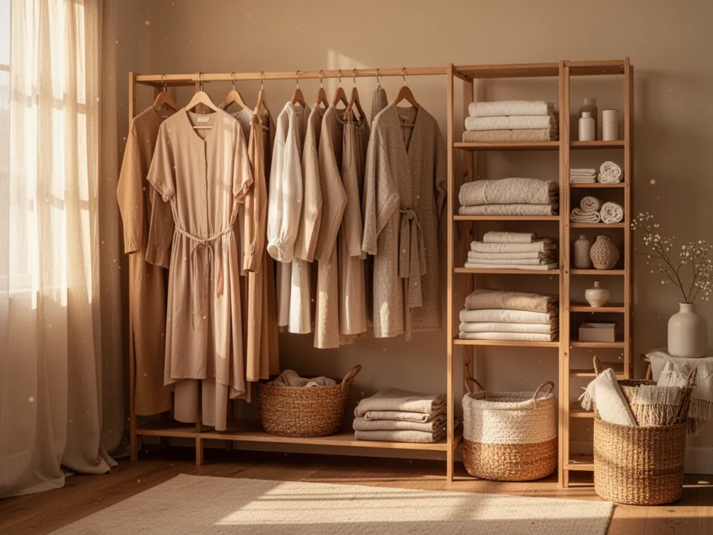 Vue d'une commode ouverte avec des vêtements pliés verticalement, une plante en pot sur le dessus et un carnet posé à côté