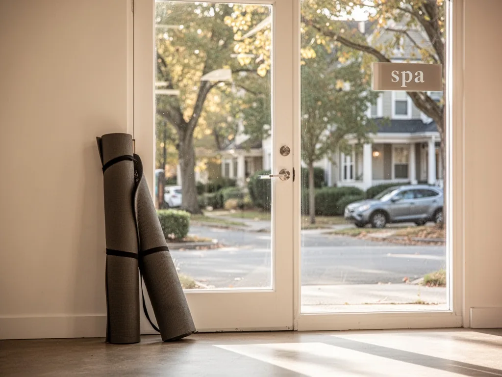 A rolled yoga mat leaning against a bright studio door, a leafy residential street beyond the glass, a small sign readin