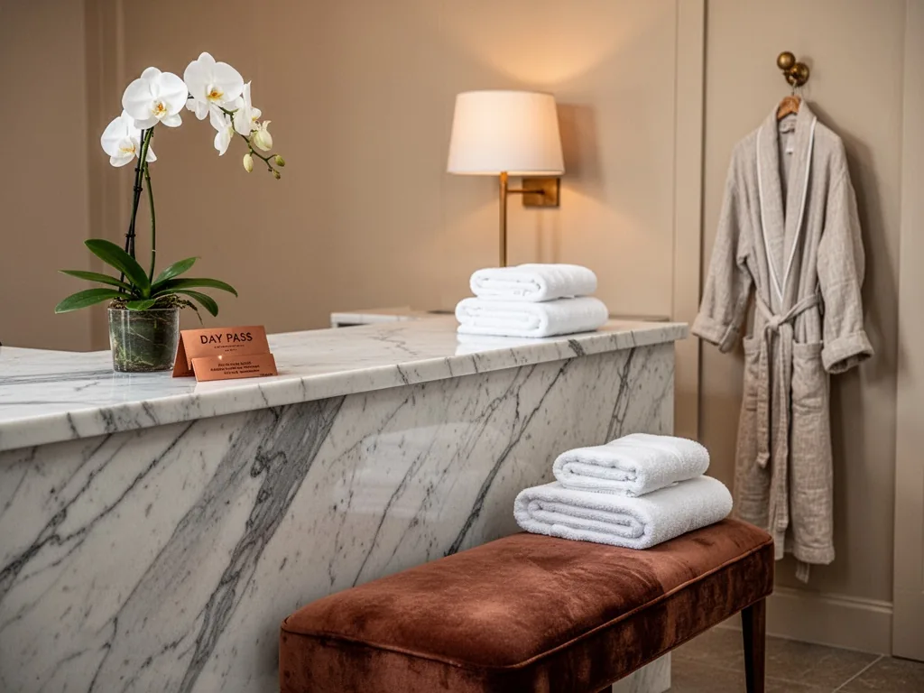 A marble reception desk with a single orchid, a small copper day-pass card, plush white towels, a velvet bench, and a li