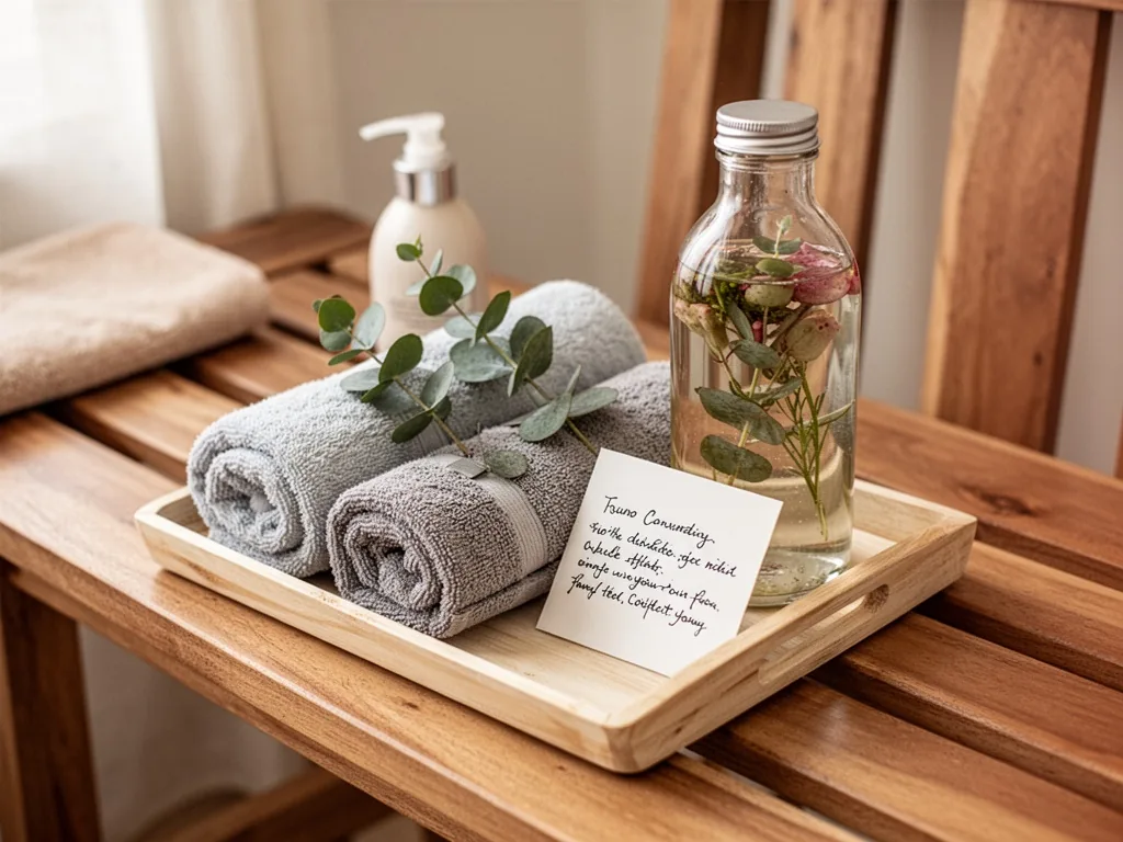 A small tray holding three folded eucalyptus towels, a glass bottle of infused water, and a handwritten card, on a woode